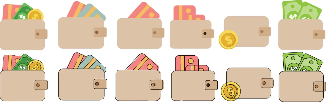 set of ecommerce wallet with credit cards, dollar money cash, coins illustration, Digital Wallet, Payment Methods, Online Transactions, Currency Illustration, Dollar Coins, Dollar Banknote design vector