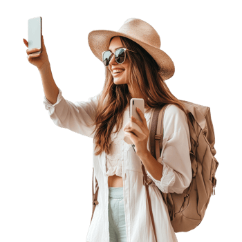 Traveler woman joyfully taking a selfie against a clear backdrop while holding a smartphone and wearing sunglasses, PNG file no background Traveler woman taking selfies with her phone