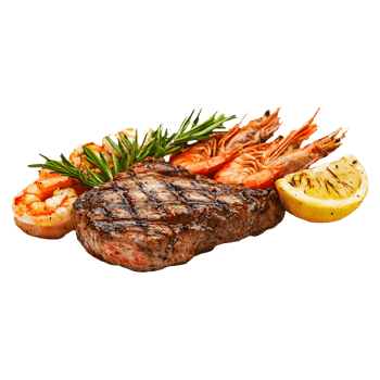 Exquisite Duo Grilled Beef with lobster and Succulent Prawns on White Background Perfect for Food Covers png