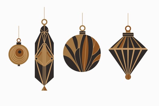 Christmas glass tree toys in Art Deco style. Hand drawn doodle with flat elegant festive New Year decor. Winter Xmas set for design, flyer, paper, card, print, congratulation, carnival vector