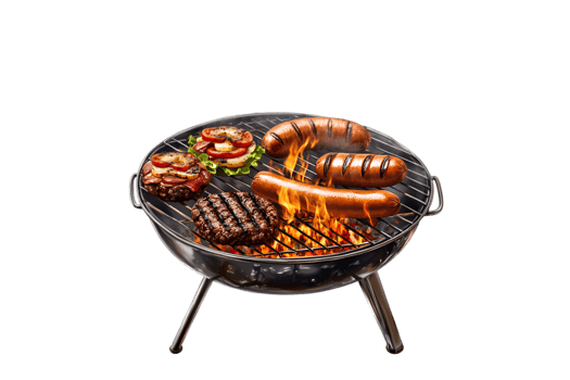 Grill with burgers, hot dogs, and sausage on a transparent background png