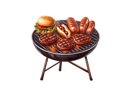 Grill with burgers, hot dogs, and sausage on a transparent background png