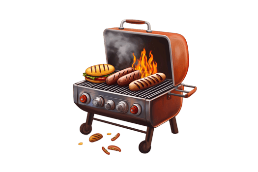 Grill with burgers, hot dogs, and sausage on a transparent background png