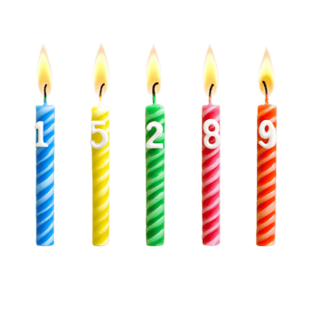 Colorful birthday candles representing numbers from one to nine with vibrant flames, 123 numbers, digits candles. From zero, one to eight and nine isolated on transparent png