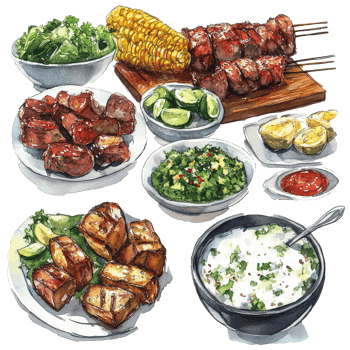 Delicious Brazilian cuisine featuring grilled meats, fresh vegetables, and vibrant flavors on a transparent background, delicious brazilian food transparent background big png