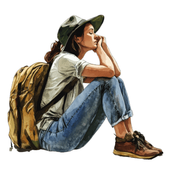 Tired traveler woman sitting on the ground waiting patiently with a backpack in a peaceful environment, PNG file no background Tired traveler woman waiting alone
