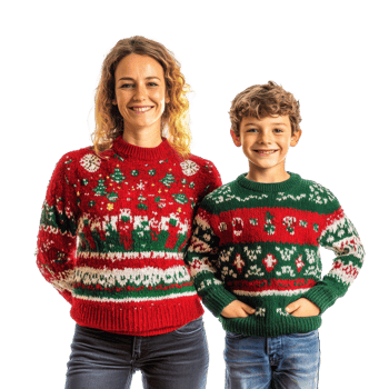 Mother and son pose together in matching Christmas sweaters against a bright transparent background, Mother and Son in Christmas Sweaters On transparent background png