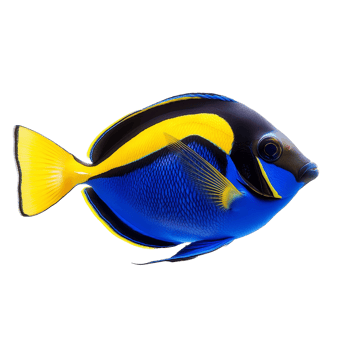 Regal Tang fish swimming gracefully against a transparent background showcasing its vibrant blue and yellow coloration, Regal Tang Fish Isolated on transparent background png