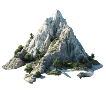 A majestic mountain island with lush greenery surrounded by calm waters on a bright transparent background, Mountain Island on transparent background png