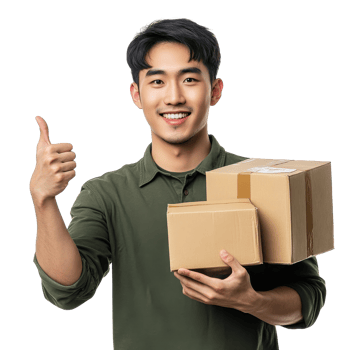 Cheerful young Asian man gives a thumbs up while holding a package indoors during the daytime, Happy young Asian man thumb up and holding package parcel boxs isolated on transparent background png
