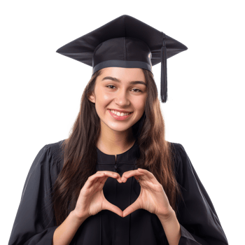 Smiling young female student wearing graduate cap making heart geture with hand, standing isolate on transparency background png