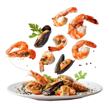floated Broiled Seafood falling into a plate isolate on transparency background png