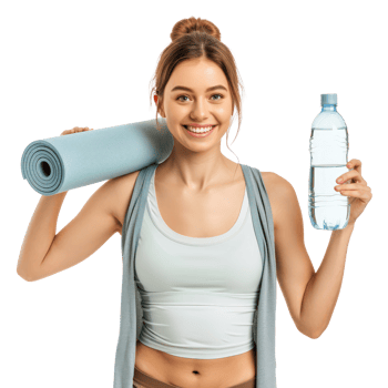 smiling young woman hand holding water bottle and yoga roll mat isolate on transparency background png