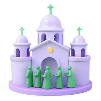 3D Render of a Church Building with People Waiting in Line png