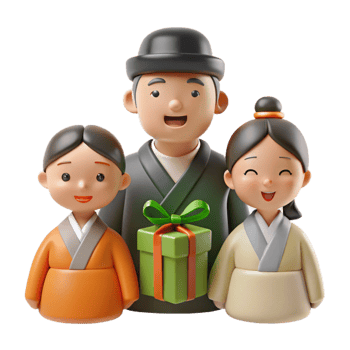 Happy Family in Traditional Asian Clothing Holding a Gift png