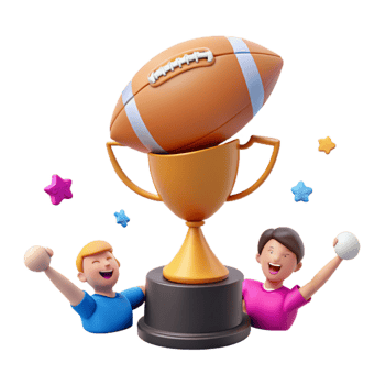 Cheerful Cartoon Characters Celebrate with a Football Trophy png