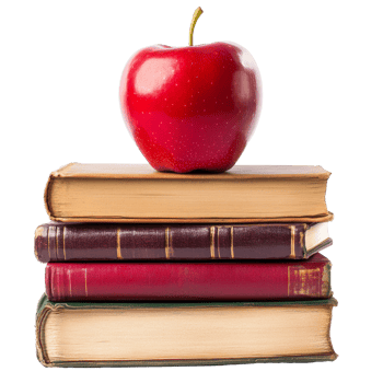 Fresh red apple resting on a stack of vintage books against a transparent background, Red Apple on Stack of Books on transparent background School Learning Concept png