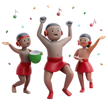 3D Cartoon Characters Dancing and Celebrating with Confetti and Music Notes png