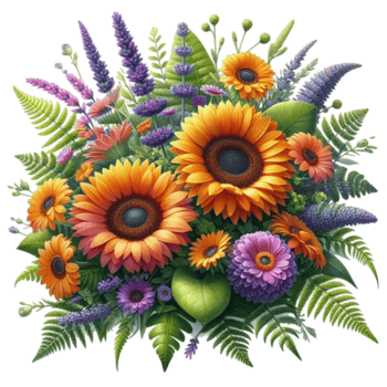 A bouquet of sunflowers and ferns png