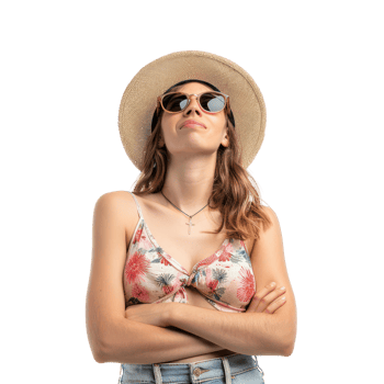 young woman wearing a summer hat and sunglasses looking up , standing front view full length isolate on transparency background png