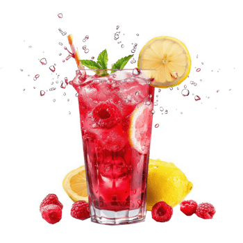 Delicious raspberry lemonade made with soda water falling into a glass isolate on transparency background png
