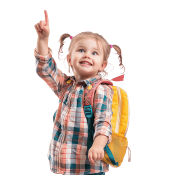 little girl with school backpack smiling with hand pointing up, standing isolate on transparency background png