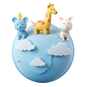 Cute Cartoon Animals on a Blue Planet with Clouds png