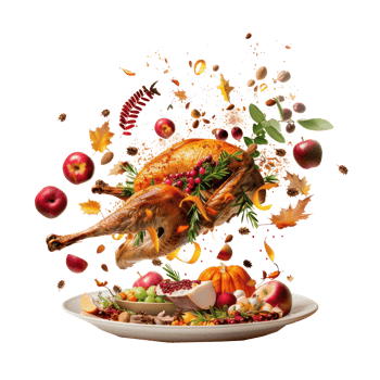 floated Thanksgiving Turkey and ingredients falling into a plate isolate on transparency background png