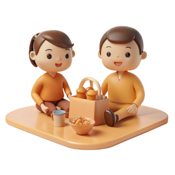 Cute Cartoon Characters Enjoying a Picnic with Snacks and Drinks png