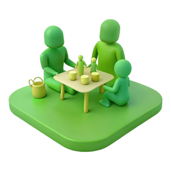 Family Gathering Around a Table with Green Figures png