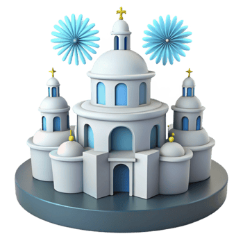 3D Render of a White Church with Blue Windows and Flower Decorations png