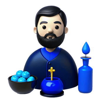 3D Cartoon Illustration of a Bearded Man with Blueberries, a Potion Bottle and a Golden Cross png