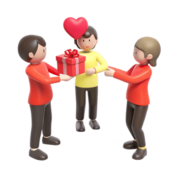 Three Cartoon Characters with a Gift and a Heart png