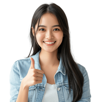 Happy young Asian woman joyfully gesturing with a thumbs up in a bright, minimalistic indoor setting, Happy young Asian woman feeling happiness and gesture thumb up with transparent background png