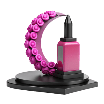 Pink Nail Polish Bottle on Black Stand with Decorative Floral Accent png
