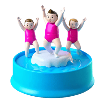 Three Cartoon Characters Jumping on Ice Floe in Pool png