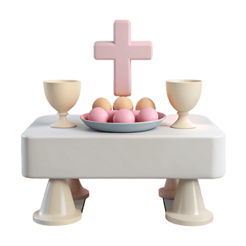 3D Render of a Table with a Cross, Eggs, and Chalices png