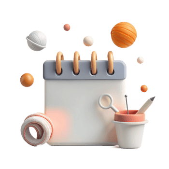 Calendar with 3D Pencil and Magnifying Glass png