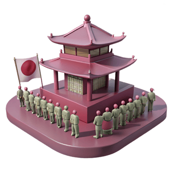 3D Render of a Pagoda with People Waiting in Line png