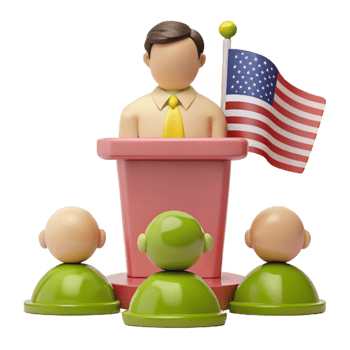 3D Illustration of a Speaker Addressing a Small Audience with an American Flag Displayed png