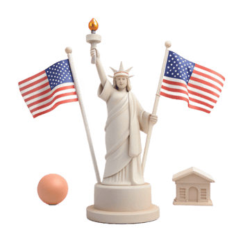 Statue of Liberty with American Flags and a Small Building png