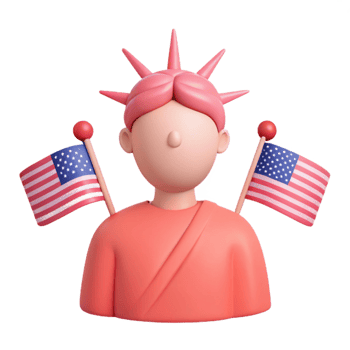 3D Cartoon Character Wearing Liberty Crown and Holding American Flags png