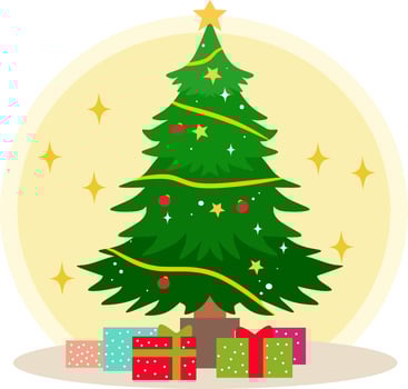 colorful cartoon illustration of a shining christmas tree full of christmas decorations surrounded by a pile of christmas gifts. suitable for christmas and new year greeting card illustration vector