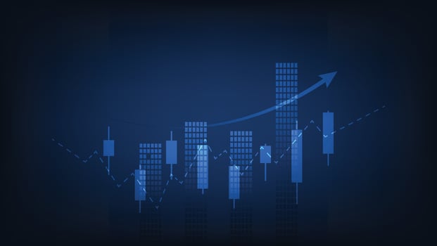 candlesticks and bar chart with arrow up show investment and profit growth vector