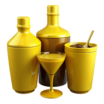 Yellow Glassware Set with Martini Glass, Decanter, and Shaker png
