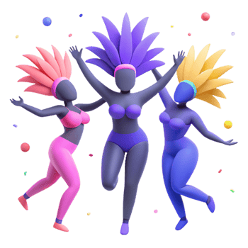 Colorful 3D Characters Celebrate with Feathers and Confetti png