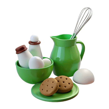 Green Kitchen Still Life with Milk, Eggs, Cookies, and Whisk png
