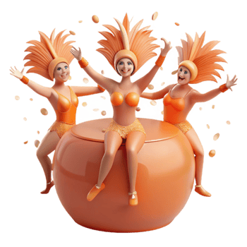 Three Cartoon Women in Orange Costumes on a Large Orange Sphere png
