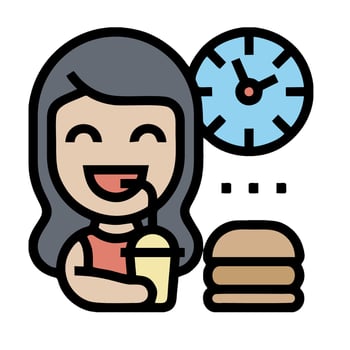 A woman is eating a hamburger and a clock is in the background vector