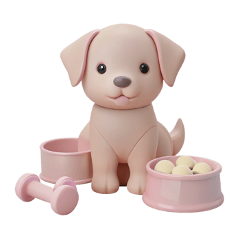 Cute Cartoon Dog with Pink Bowls and a Bone png